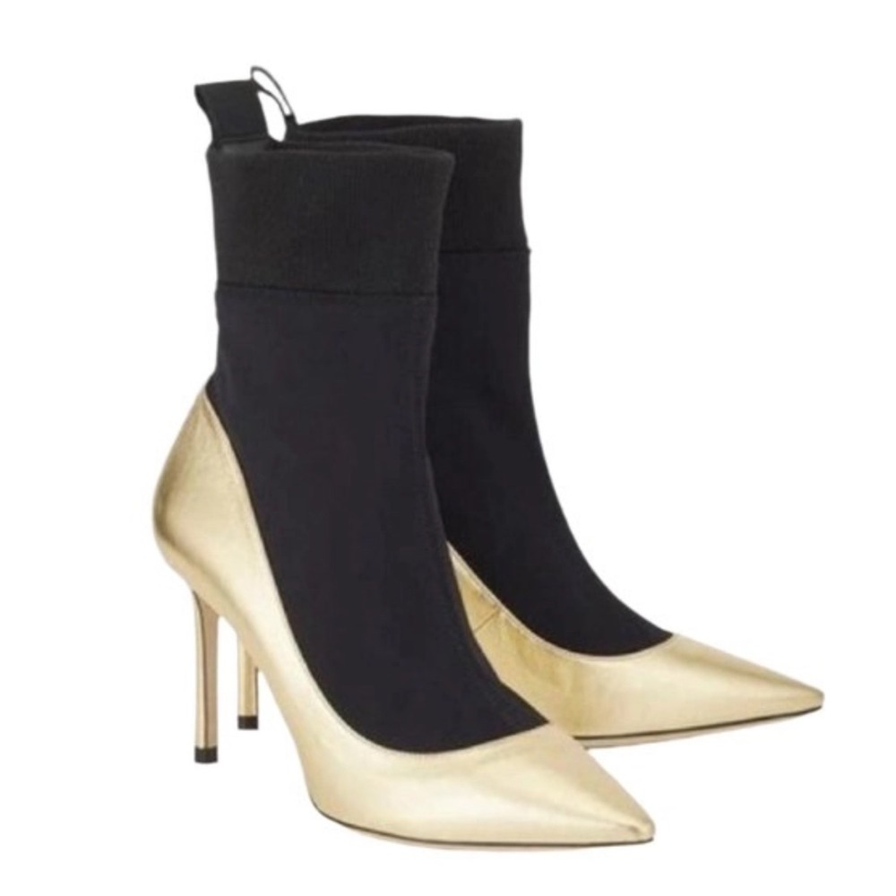 Jimmy Choo Harris Gold Sock Boots – Metallic Leather & Black Knit, Size 39